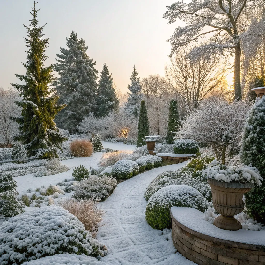 Beautifully designed winter garden with snow-covered plants